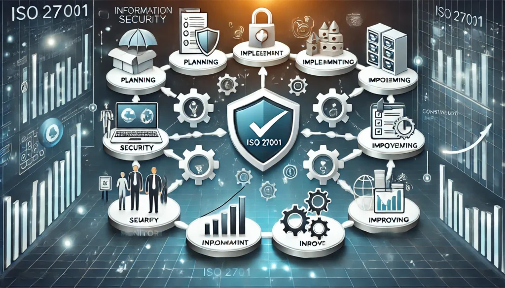 DALL·E 2024-10-13 15.33.01 - An illustration showing the key steps to implement the ISO 27001 framework for information security. The image should visually represent a structured