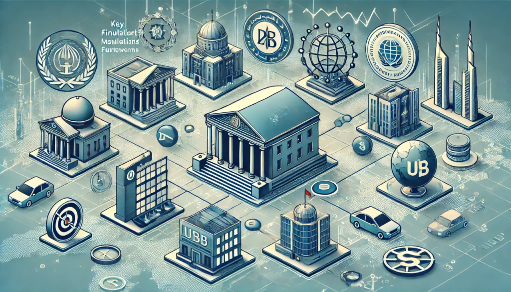 DALL·E 2024-10-15 20.21.21 - An illustration showcasing key regulatory bodies in the MENA region responsible for governance, risk management, and compliance. The image should incl